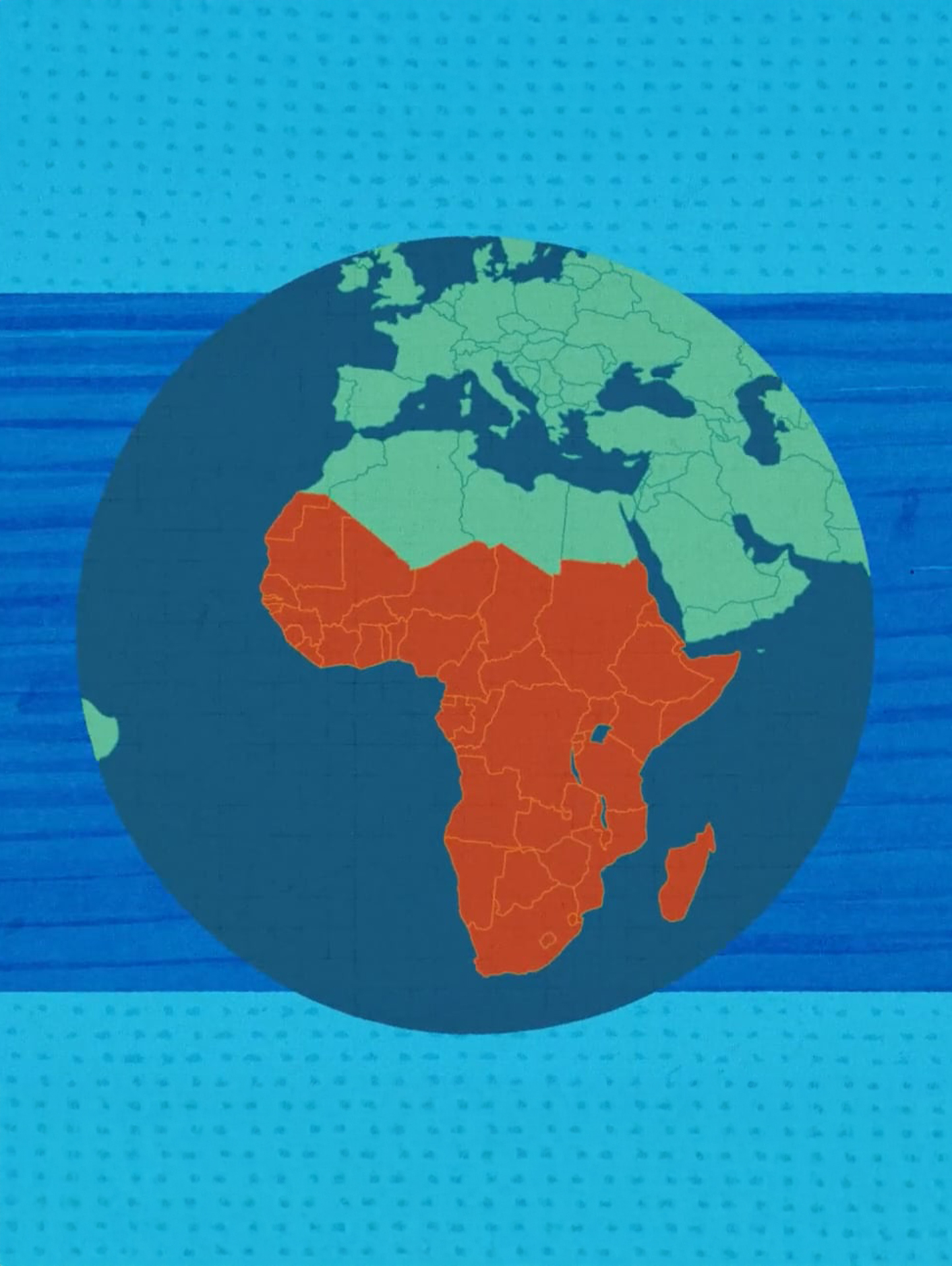 An Illustration of a world map on a blue background the country Africa highlight in red. Worms can't run campaign.