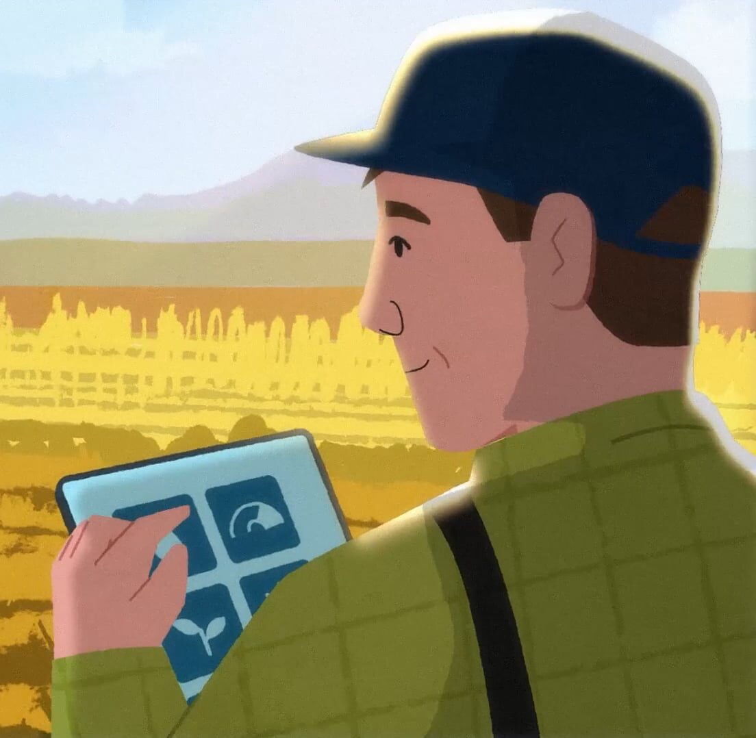 An illustration of a farmer in the field using an Ipad to read data on his crops.